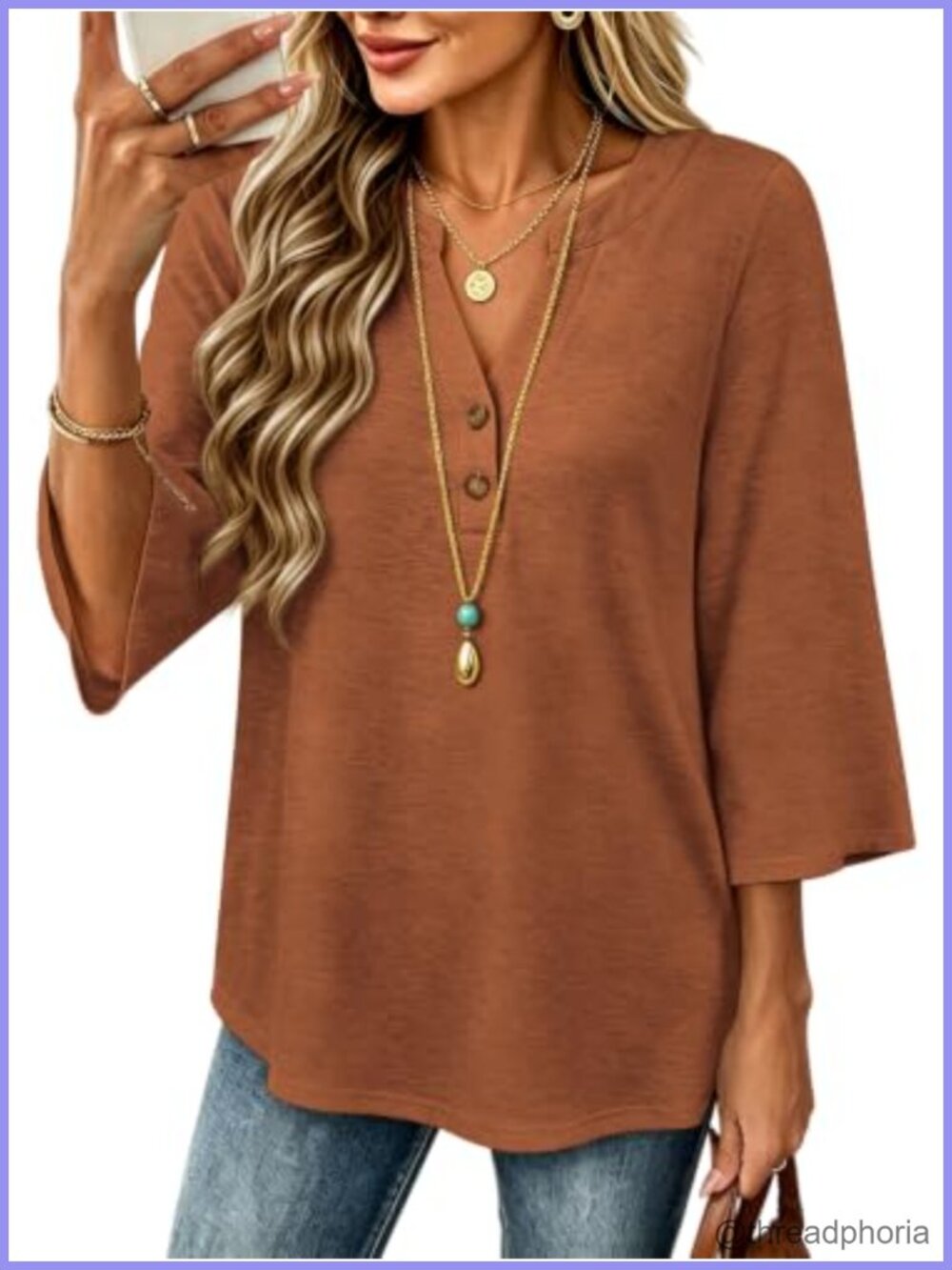 3/4 Sleeve Womens Blouse Button Down V-Neck Ruffle Tunic Top